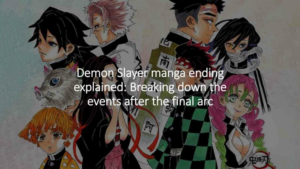 Demon Slayer manga key visual with main characters and Hashira in ONE Esports featured image "Demon Slayer manga ending explained: Breaking down the events after the final arc"