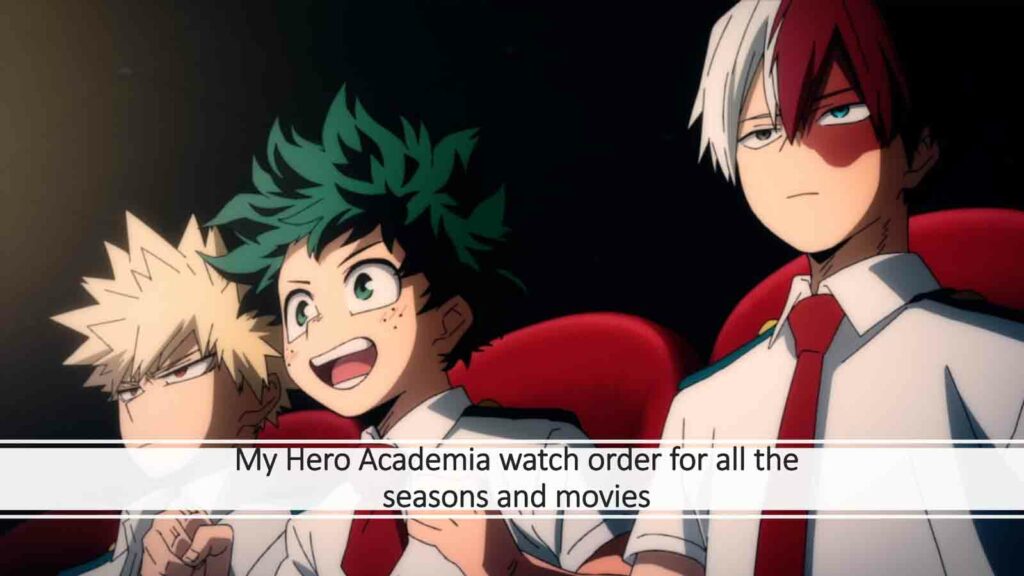Bakugo, Midoriya, and Todoroki watching a movie in ONE Esports featured image for article "My Hero Academia watch order for all the seasons and movies"