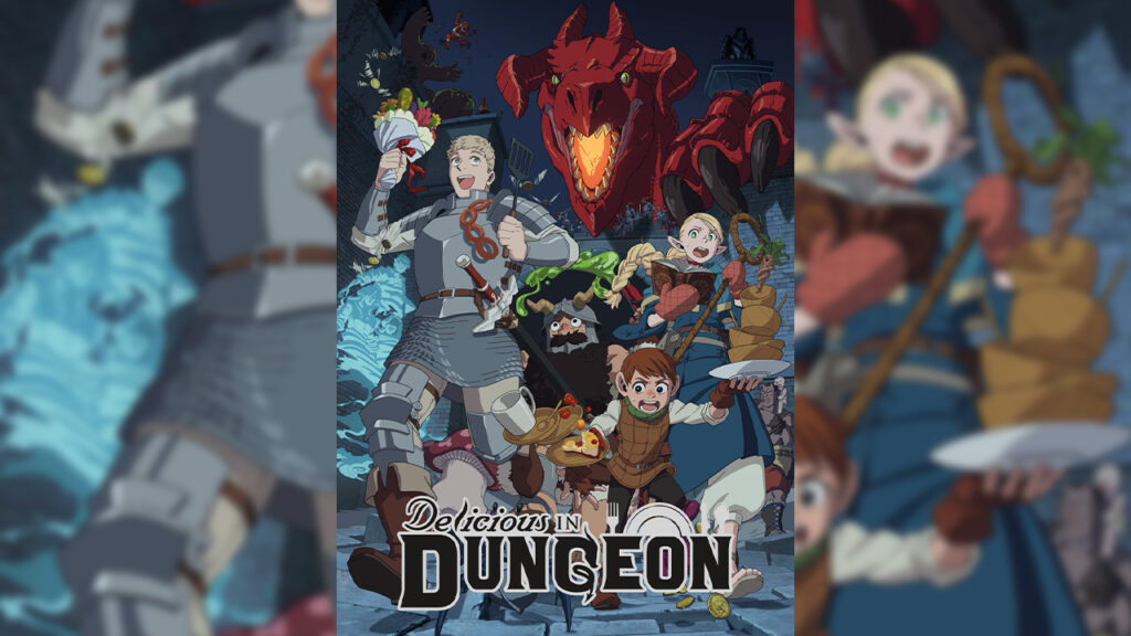 Anime like Delicious in Dungeon poster art of Laios, Marcille, Chilchuck and Senshi escaping the Red Dragon