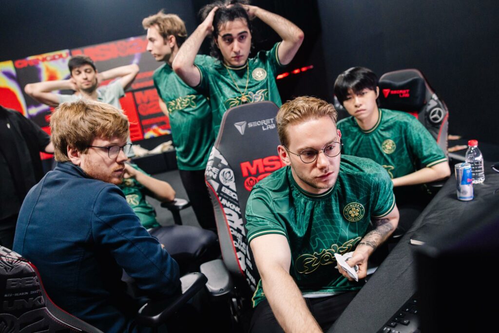FlyQuest are seen backstage during MSI Play-Ins at the Chengdu Financial City Performing Arts Center in Chengdu, China on May 03, 2024 (Image via Colin Young-Wolff/Riot Games)