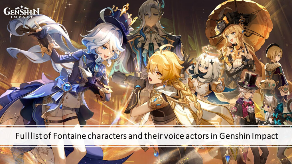 Fontaine characters Furina, Neuvillette, Navia, Freminet, Lyney, and Lynette, together with Traveler Aether, in ONE Esports featured image for article "Full list of Fontaine characters and their voice actors in Genshin Impact"