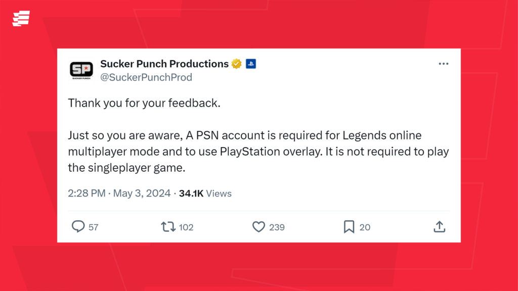 <em>Tweet revealing Ghost of Tsushima's PSN requirement for PC multiplayer (Image via esports.gg)</em>