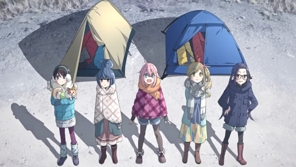 Laid-Back Camp Anime Season 1 Aoi, Nadeshiko, Chiaki, Ena, and Rin camping together