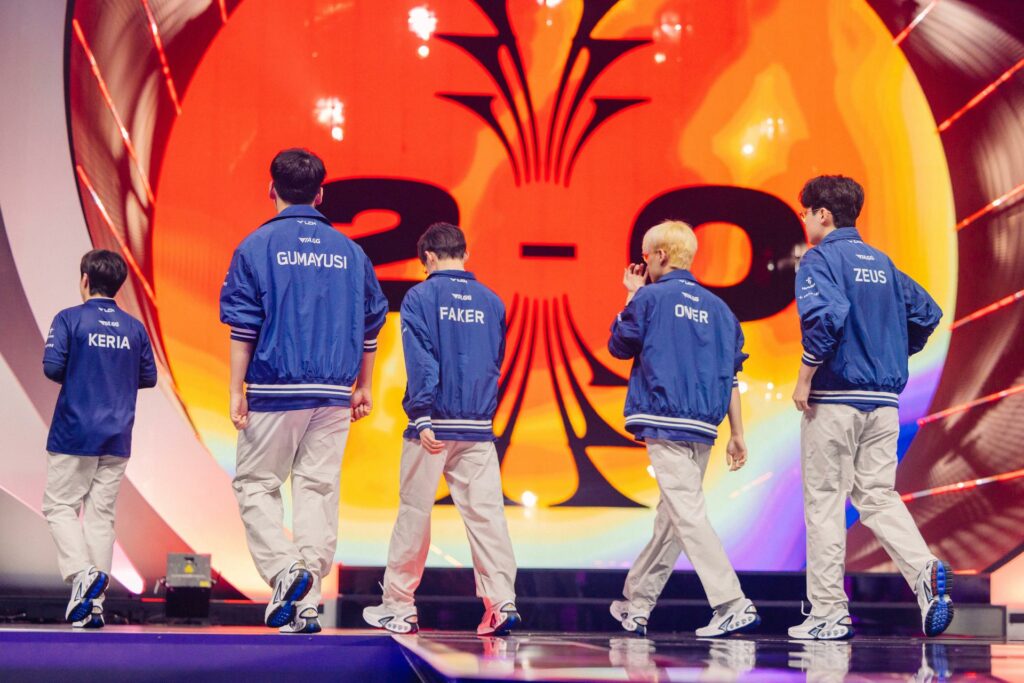 T1 walking off stage after victory against FlyQuest during MSI Play-Ins at the Chengdu Financial City Performing Arts Center in Chengdu, China on May 03, 2024 (Image via Colin Young-Wolff/Riot Games)