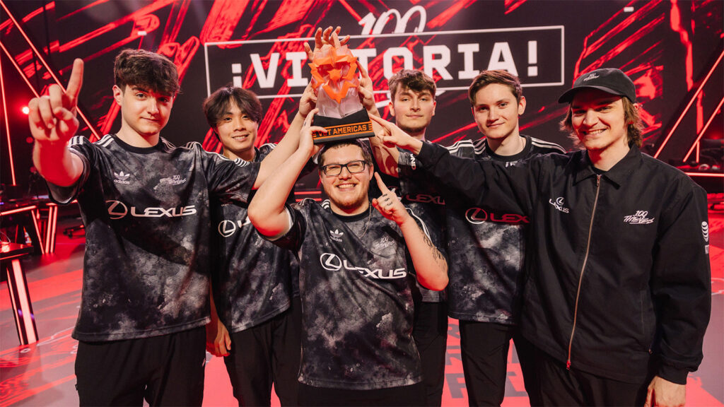 100 Thieves seen onstage after victory during VCT Americas Mid-Season Finals at the Riot Games Arena on May 12, 2024