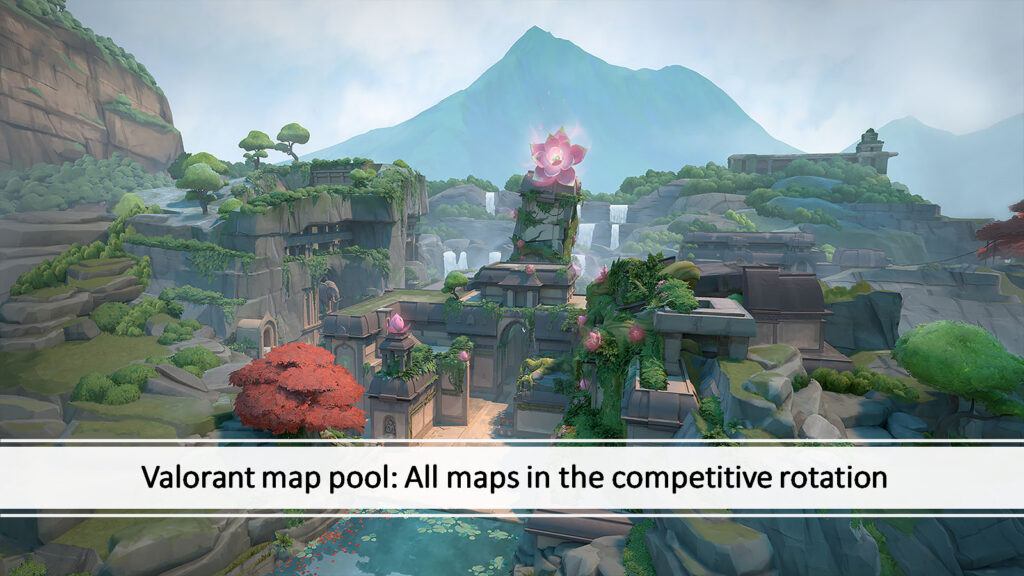 Valorant ⁤map Lotus with the text of all ​Valorant maps in the ⁢competitive rotation