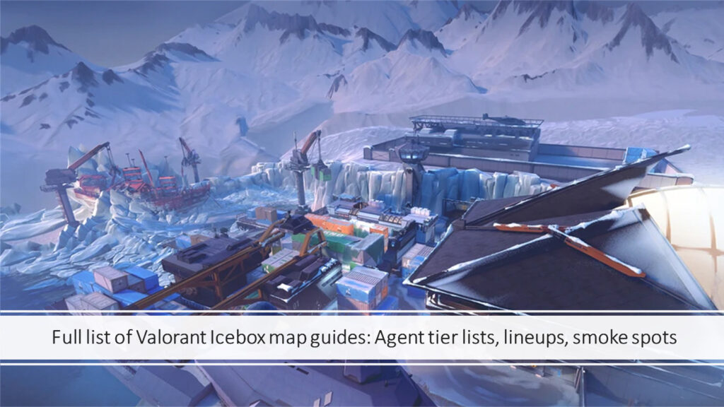 Overview shot of Valorant map Icebox as featured image for the ONE Esports article, "Full list of Valorant Icebox map guides: Agent tier lists, lineups, smoke spots"