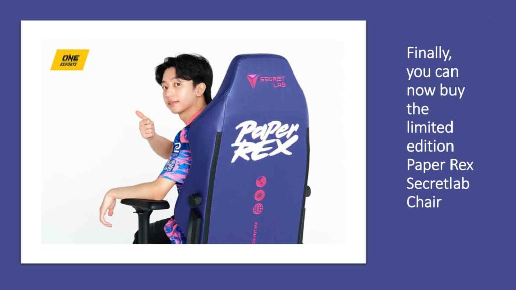 f0rsakeN sitting on Paper Rex Secretlab chair giving thumbs up in ONE Esports featured image for article "Finally, you can now buy the limited edition Paper Rex Secretlab Chair"