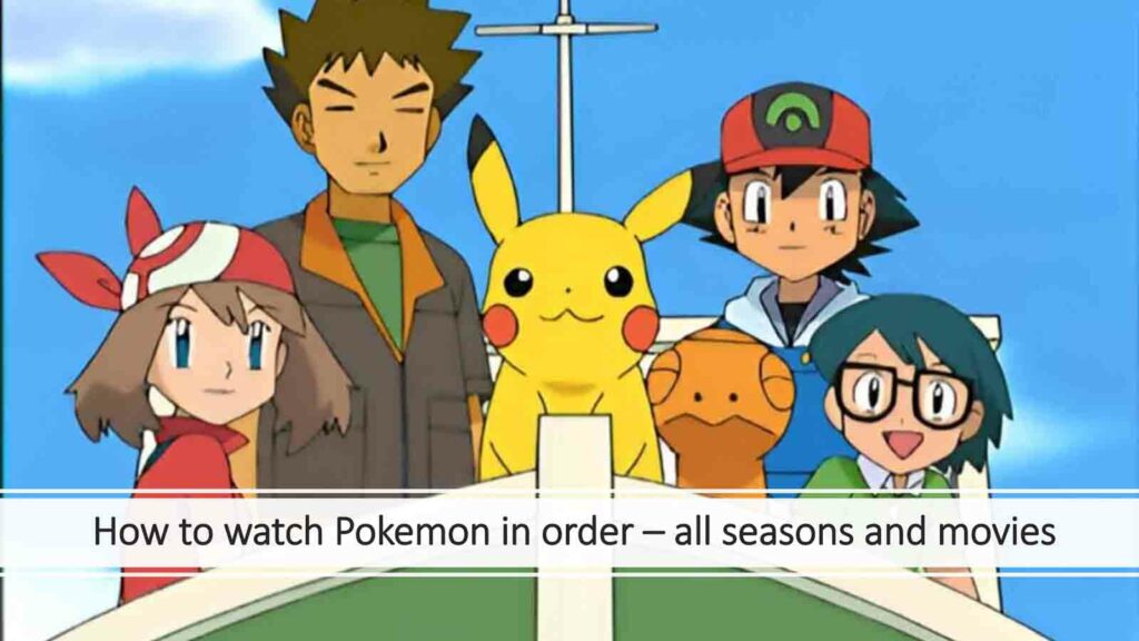 Misty, Brock, Pikachu, and Ash on a boat in S8 E1 Pokemon animated series episode in featured image for ONE Esports article "How to watch Pokemon in order – all seasons and movies"
