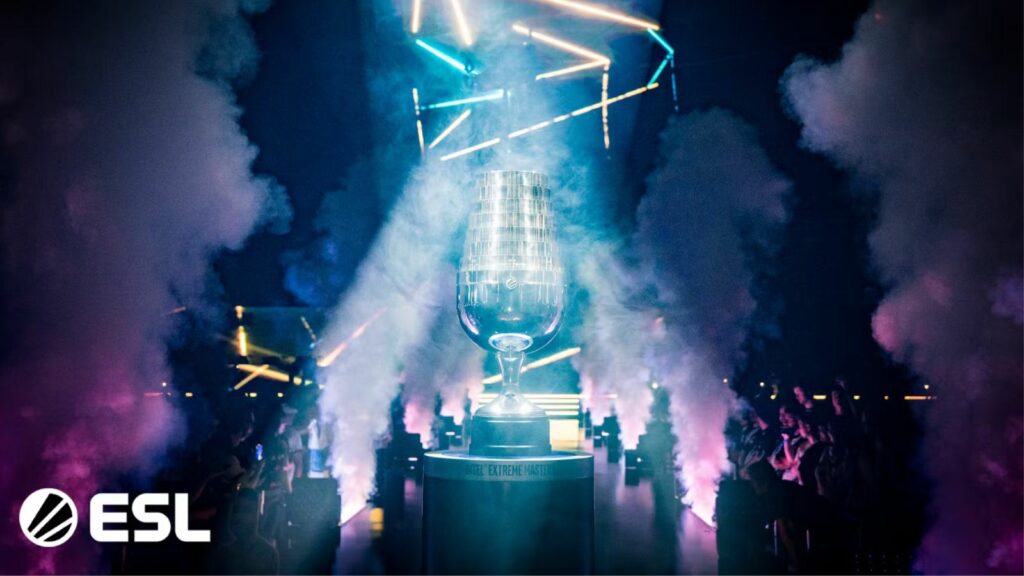 Intel Extreme Masters trophy being displayed on the stage during a Counter-Strike tournament