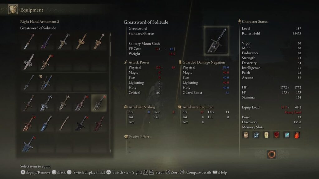 Greatsword of Solitude stats in Elden Ring Shadow of the Erdtree