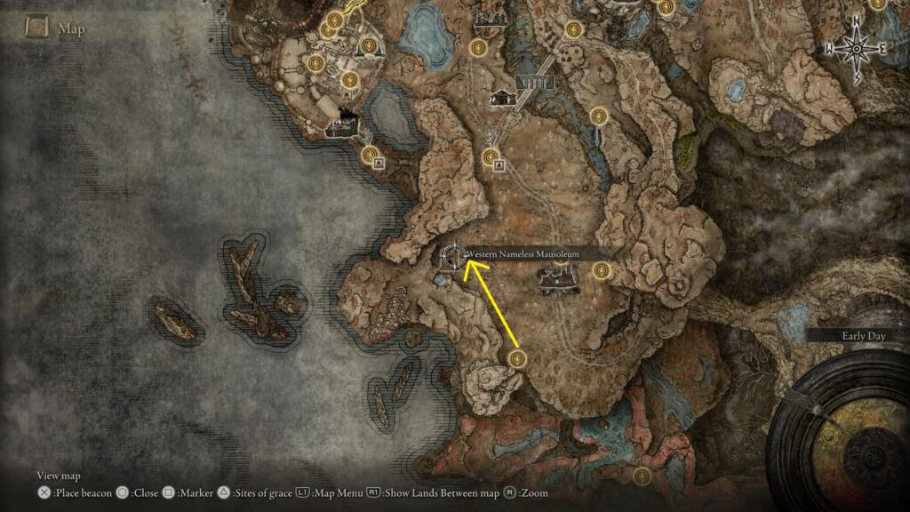 Western Nameless Mausoleum location on map in Elden Ring Shadow of the Erdtree