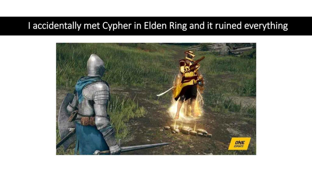 Valorant agent Cypher superimposed in Elden Ring image by ONE Esports for article "I accidentally met Cypher in Elden Ring and it ruined everything"