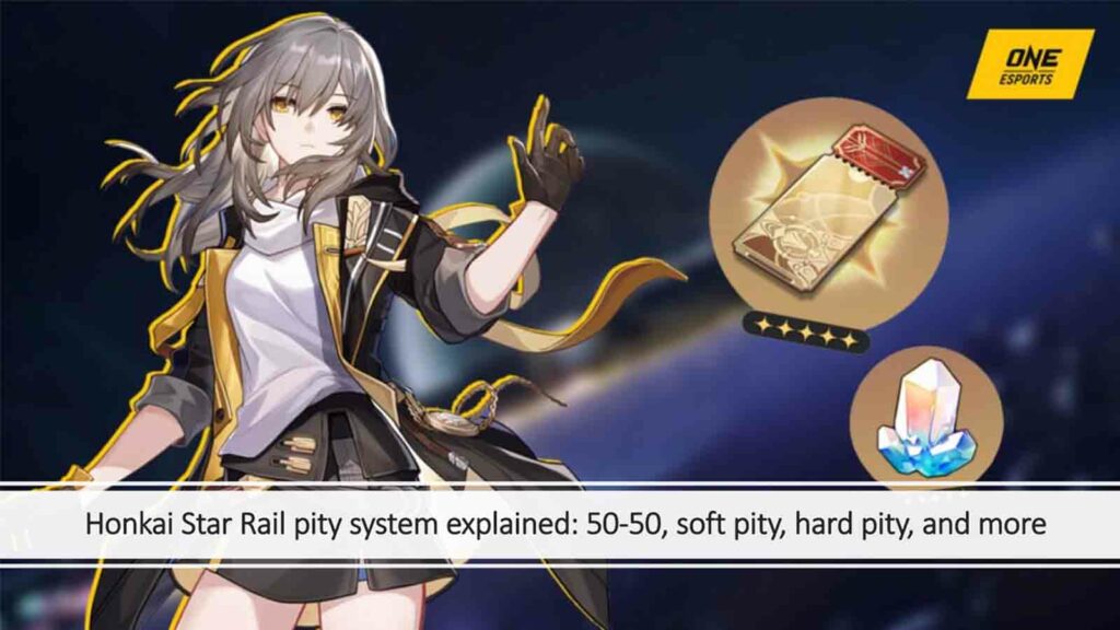 Honkai Star Rail female MC Stelle with wrap and Stellar Jade icon in ONE Esports featured image for article "Honkai Star Rail pity system explained: 50-50, soft pity, hard pity, and more"