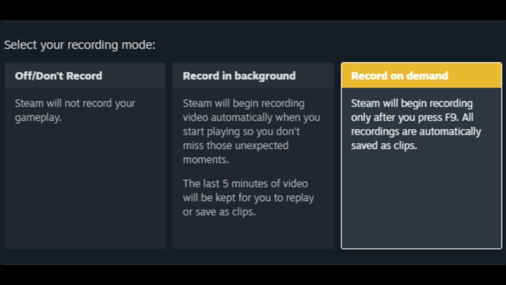 Steam recording options