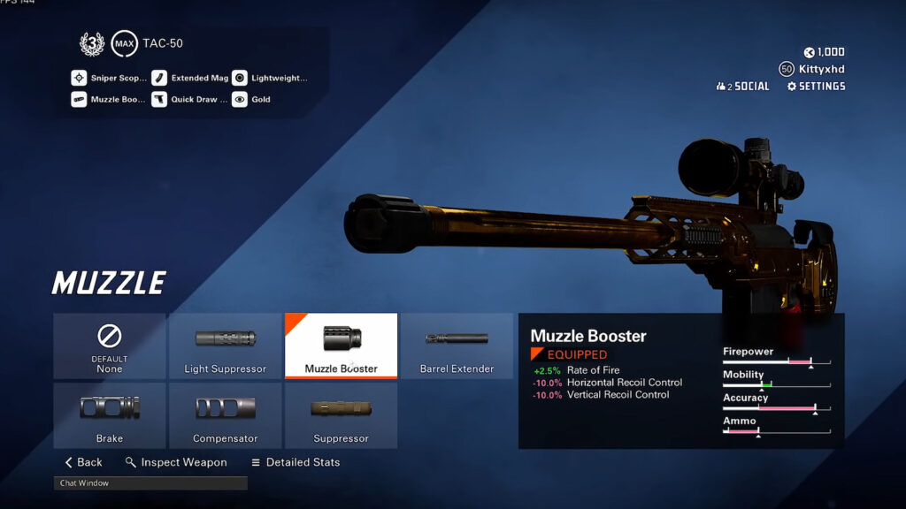 Best TAC 50 loadout in XDefiant showing the Muzzle booster as one of the attachments