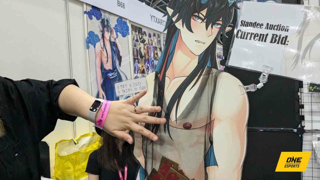 Shirtless Imbibitor Lunae standee at Nu3De☆IkeMEN booth at AFA Creators Super Fest 2024