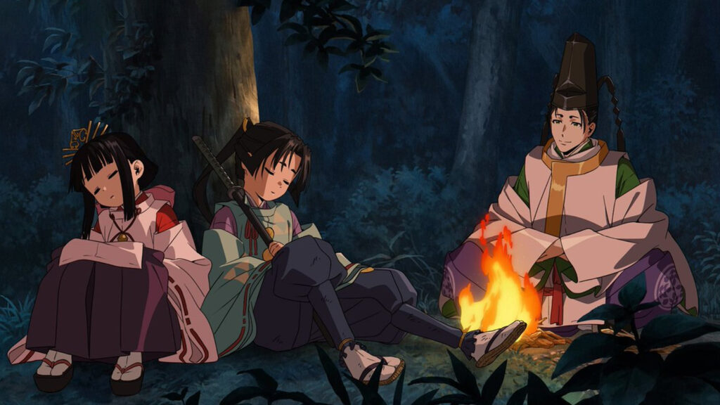 The Elusive Samurai main characters Tokiyuki Hojo, Yorishige Suwa, and Shizuku seen in episode 1 of the anime