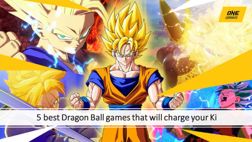 Dragon Ball protagonists Super Saiyan Son Goku, Super Saiyan Future Trunks, and Super Saiyan Gohan in ONE Esports featured image on 5 best Dragon Ball games