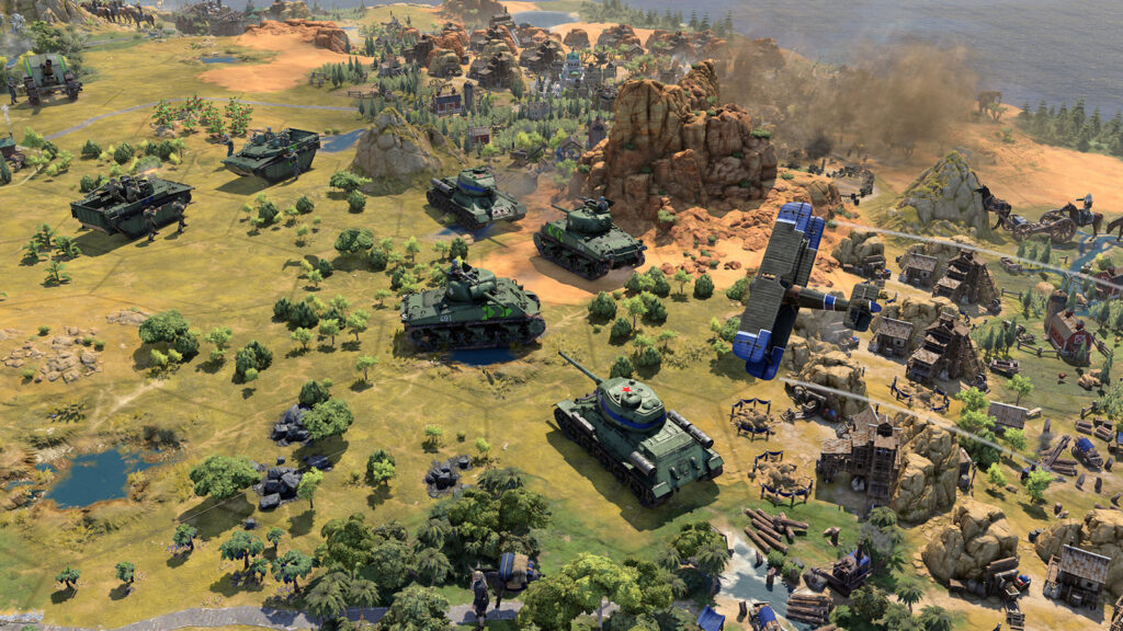 Civilization 7 gameplay screenshot showing an advanced civilization with tanks attacking a settlement