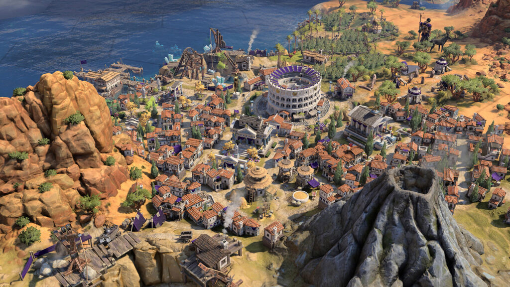 Civilization 7 gameplay screenshot showing a city with a colosseum at the center