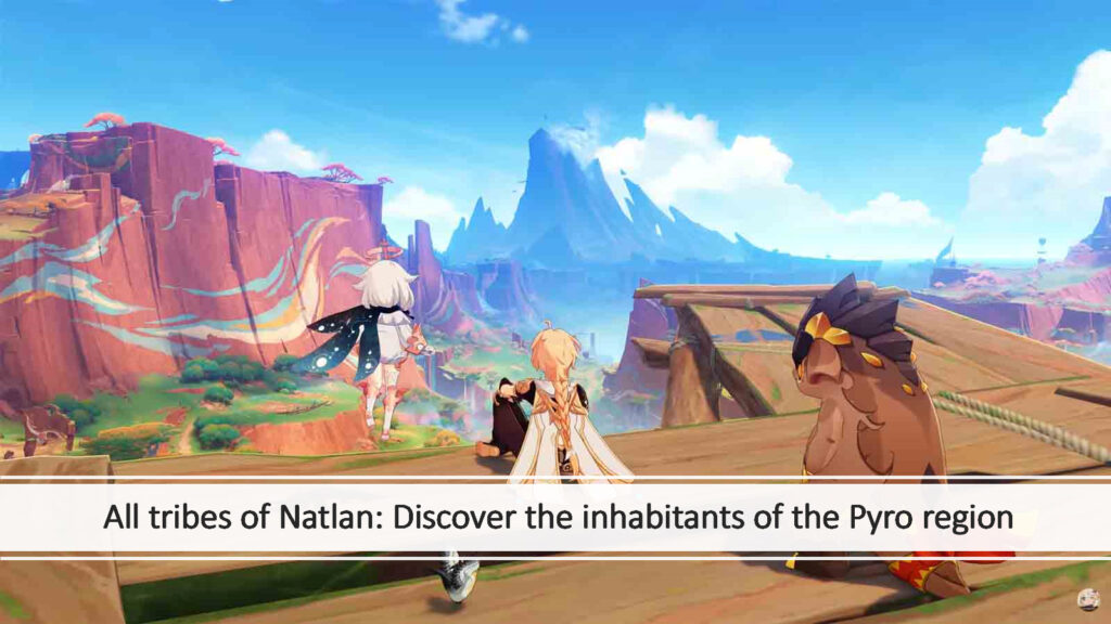 Genshin Impact's male Traveler, Paimon, and a Teptlisaurus in ONE Esports featured image for article "All tribes of Natlan: Discover the inhabitants of the Pyro region"