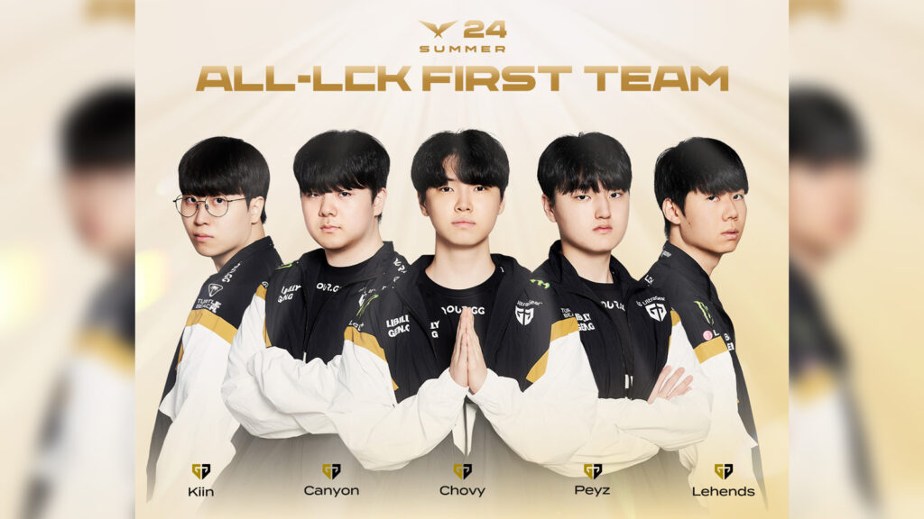 All-LCK First Team for LCK Summer 2024 featuring Gen.G's player roster Kiin, Canyon, Chovy, Peyz, and Lehends