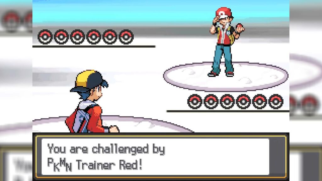 Pokemon SoulSilver player challenging Red to a battle