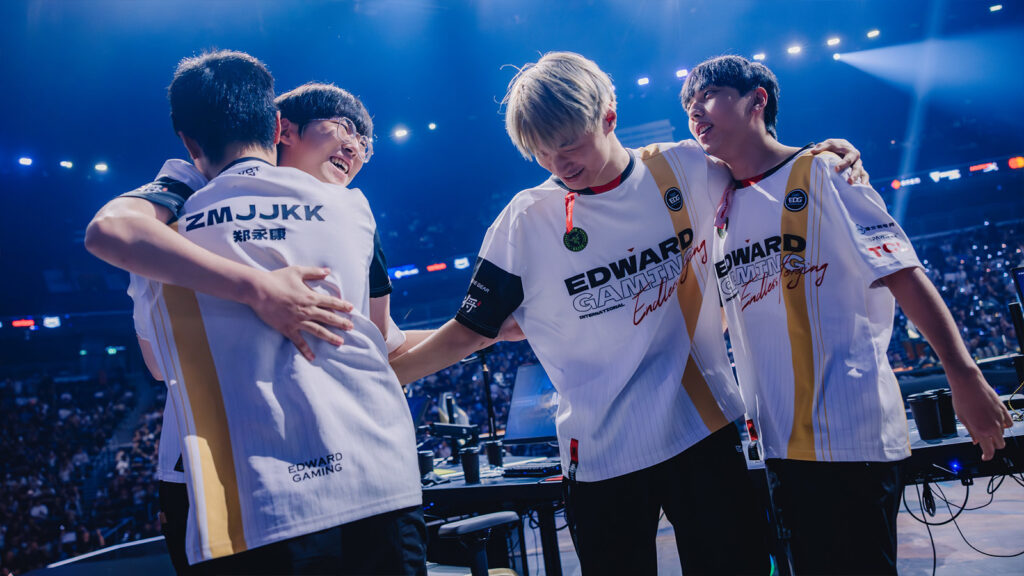 Edward Gaming are seen on stage after victory against Leviatán at VALORANT Champions Seoul Playoffs Stage at the INSPIRE Arena on August 23, 2024 in Seoul, Korea