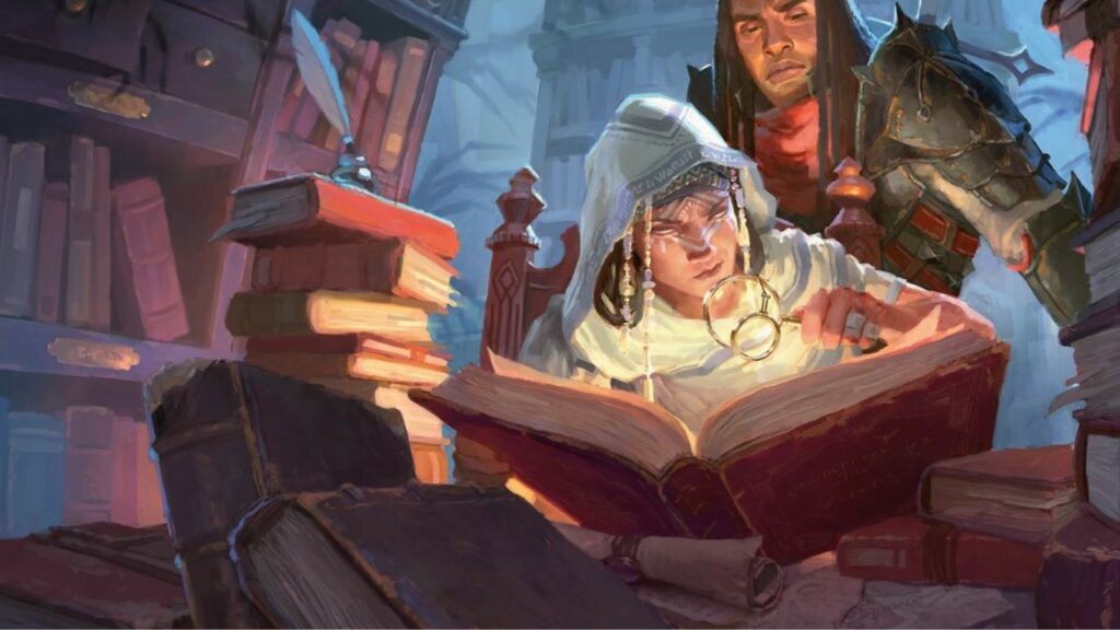 Dungeons & Dragons characters in a library