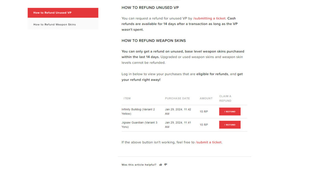 how to refund valorant skins from the player support page 