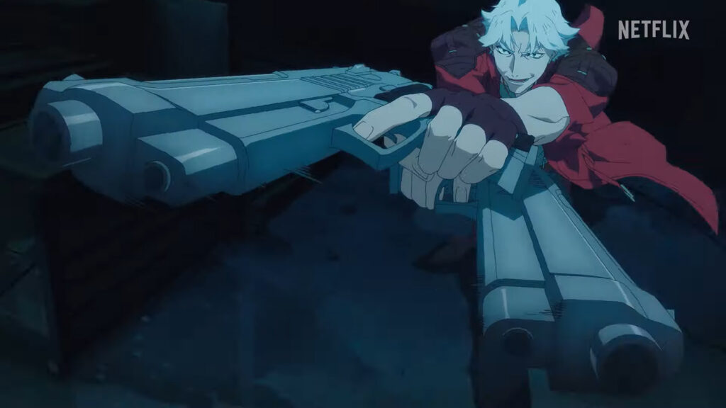 Devil May Cry anime main protagonist Dante using his iconic Ebony and Ivory pistols