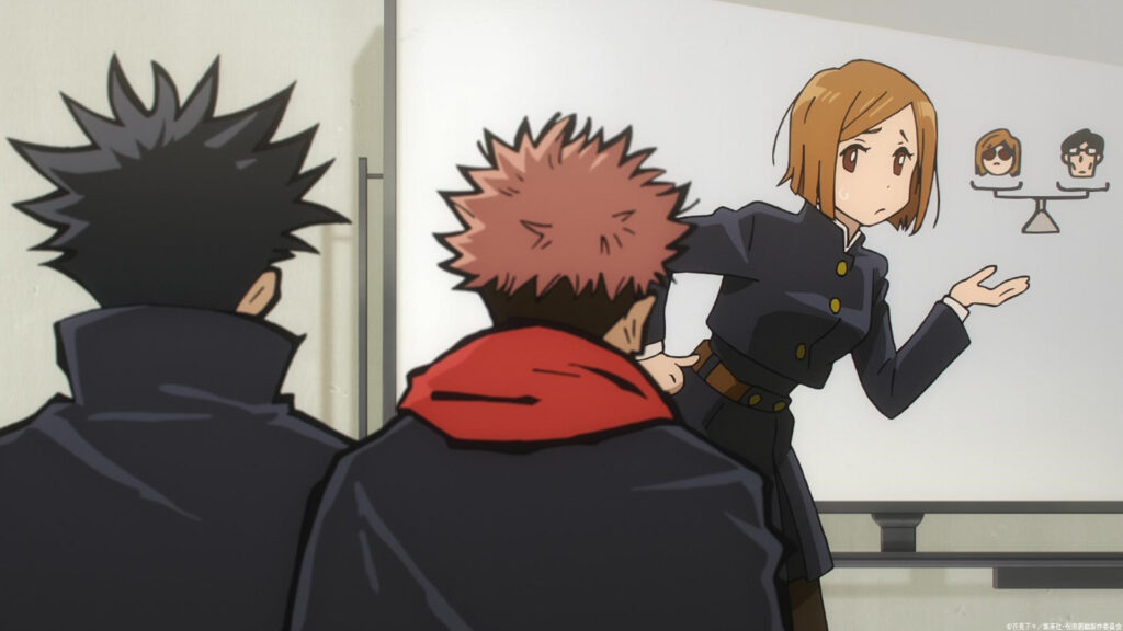 Jujutsu Kaisen main character Nobara Kugisaki explaining something to Megumi Fushiguro and Yuji Itadori in season 2 of the anime