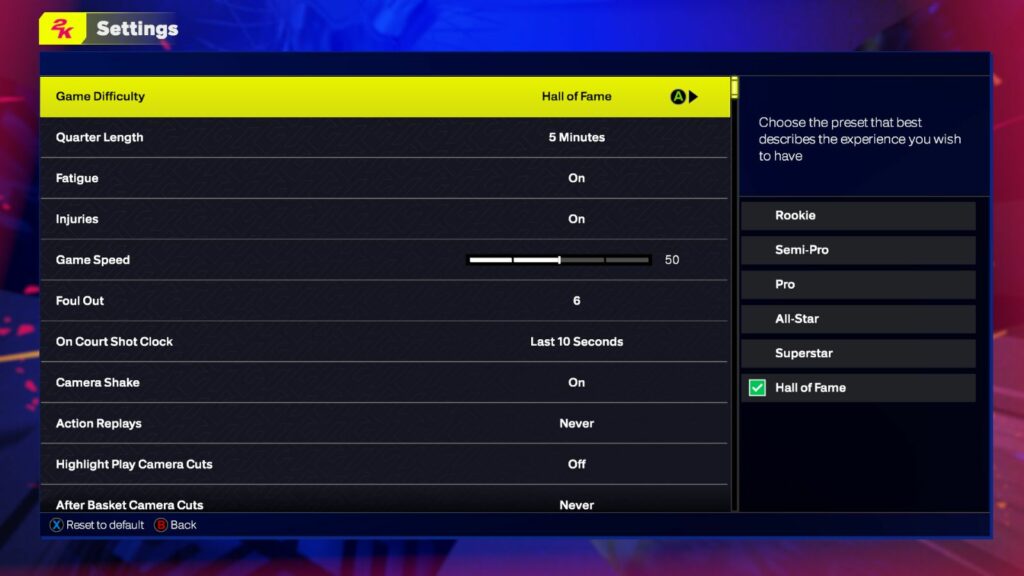 Main settings in NBA 2K25