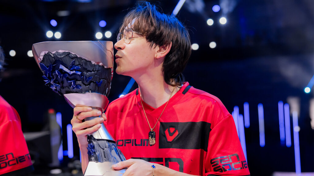 Tyson "TenZ" Ngo of Sentinels seen onstage with trophy after victory at VALORANT Masters Madrid Grand Finals at the Madrid Arena on March 24, 2024 in Madrid, Spain