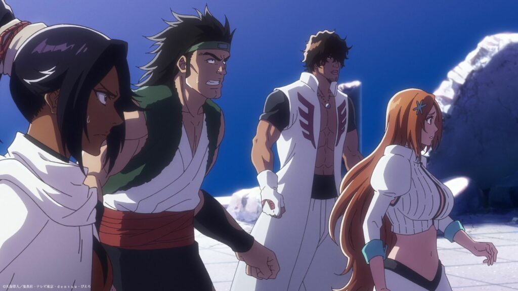 Bleach Thousand Year Blood War characters Orihime Inoue, Yasutora Sado, and Yoruichi Shihouin seen in part 3 episode 1