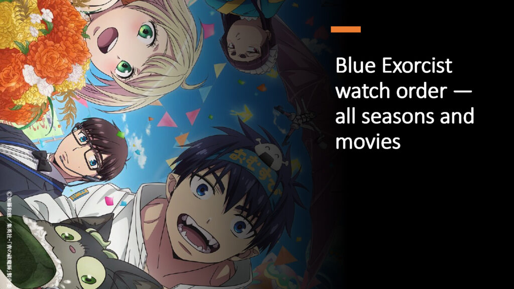 Blue Exorcist Shimane Illuminati Saga special visual featuring Rin Okumura, Yukio Okumura, Izumo Kamiki, Konekomaru Miwa, Renzo Shima, Ryuji Suguro, and Shiemi Moriyama in ONE Esports featured image for article "Blue Exorcist watch order — all seasons and movies"