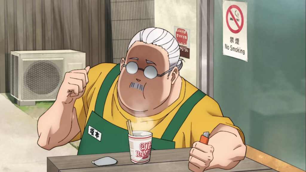 Taro enjoying a cup of Ramen noodles -- Sakamoto Days