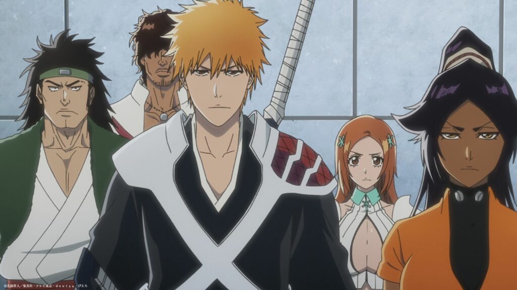 Bleach Thousand Year Blood War characters Orihime Inoue, Yasutora Sado, and Yoruichi Shihouin seen in part 3 episode 6