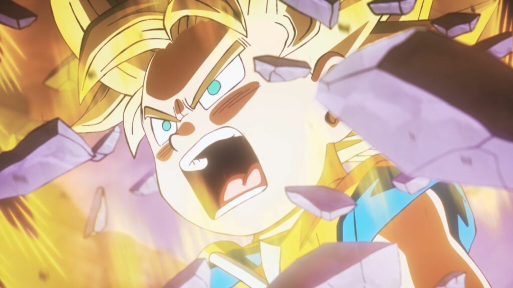 Dragon Ball Daima main character Goku transforming into Super Saiyan for the first time as a child