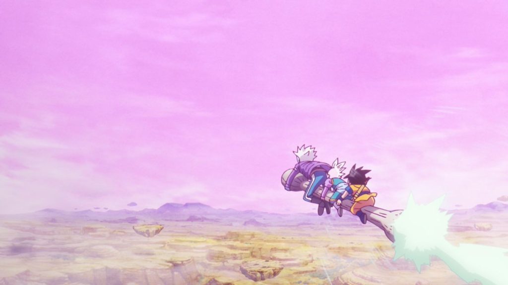 Dragon Ball Daima characters Goku, Glorio, and Supreme Kai Shin taking the Sky Seed rocket in episode 4 of the anime