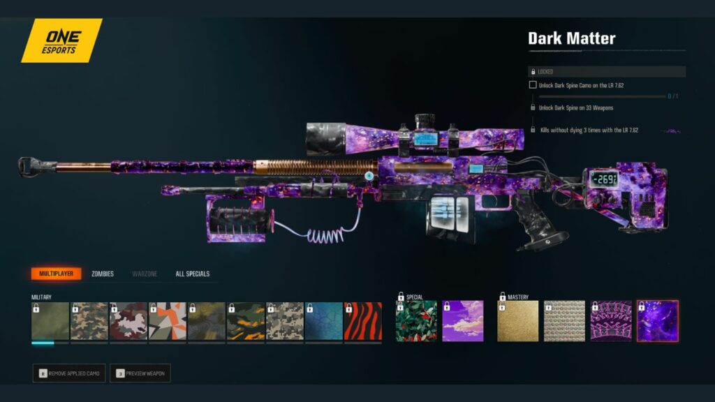 Black Ops 6 Multiplayer Mastery Camo Dark Matter for LR 7.62 sniper rifle