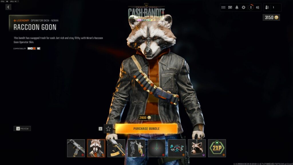 Image showing Raccoon Goon operator skin and other items in Cash Bandit tracer pack from Black Ops 6