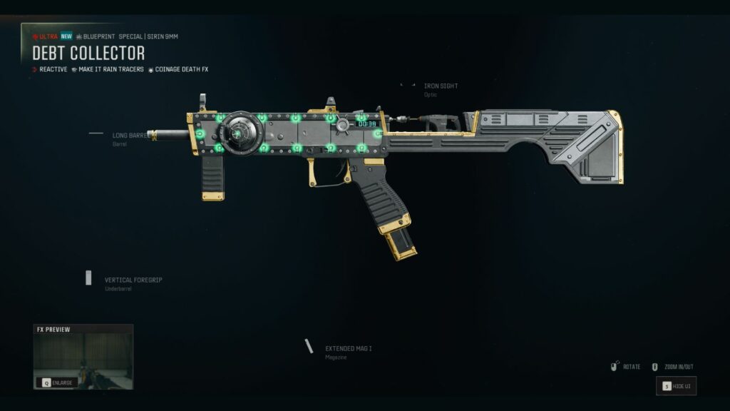 The 'Debt Collector' Ultra blueprint for the Sirin 9mm in Black Ops 6 is shown