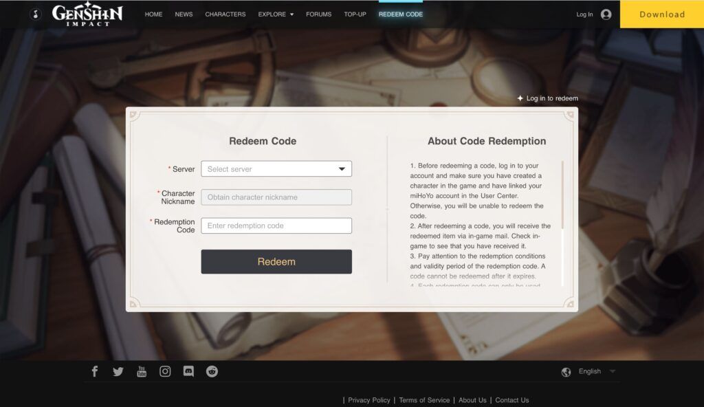 Genshin Impact, Redeem Codes