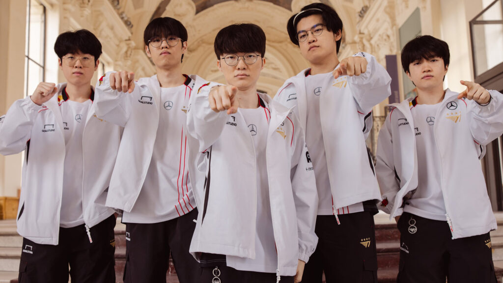 T1 Zeus, Oner, Faker, Gumayusi, and Kri at Worlds 2024