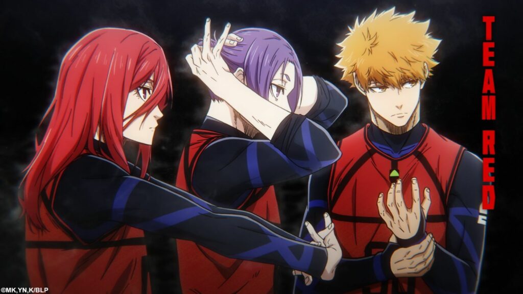 Blue Lock main characters Hyoma Chigiri, Mikage Reo, and Rensuke Kunigami seen in the Second Selection arc in season 1