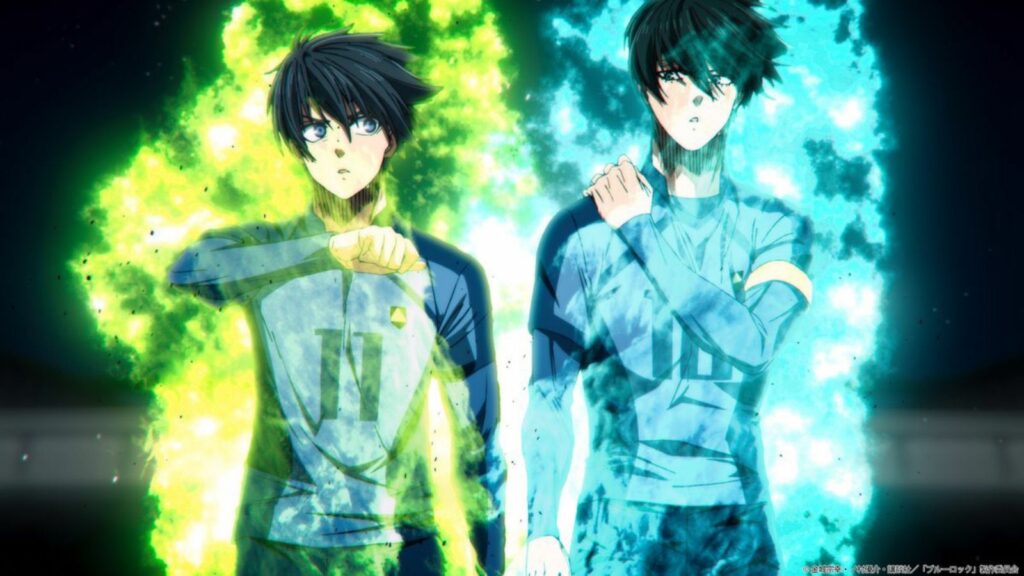 Blue Lock main characters Yoichi Isagi and Rin Itoshi seen fired up in season 2 episode 13 of the anime