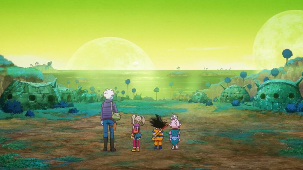 Main characters Goku, Glorio, and Supreme Kai Shin spotted on a Nemekian planet in Dragon Ball Daima episode 11