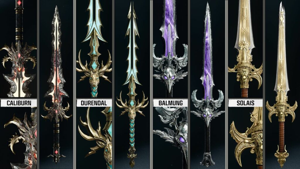 The four elemental Wonder Weapon Swords in Black Ops 6 Zombies: Caliburn (fire), Durendal (lightning), Balmung (darkness), and Solais (light)